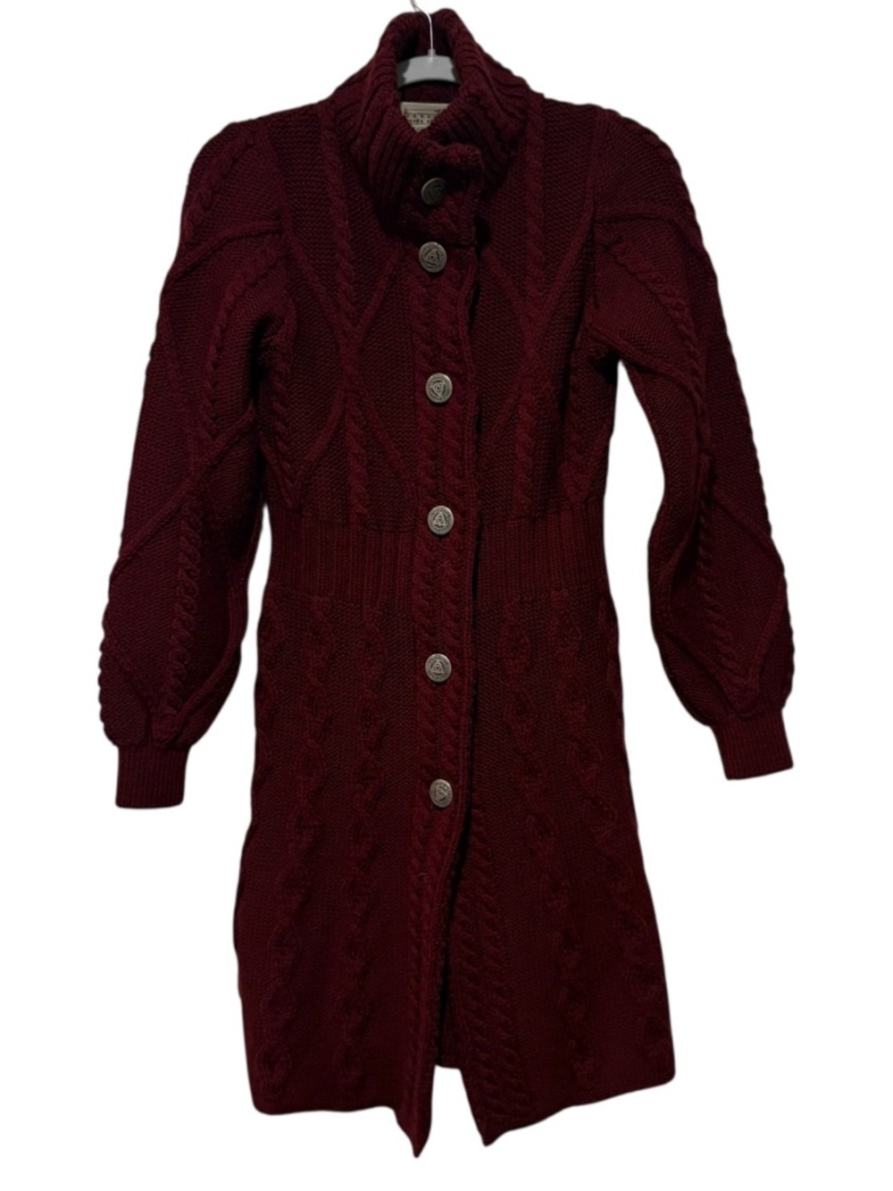 Aran Sweater Market XS Burgundy Cable Knit Long Cardigan Dress Ireland Wool